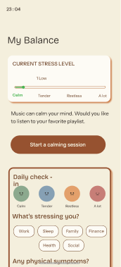 Redesigned Enow My Balance screen with a current stress-level check-in and a calming-session button.