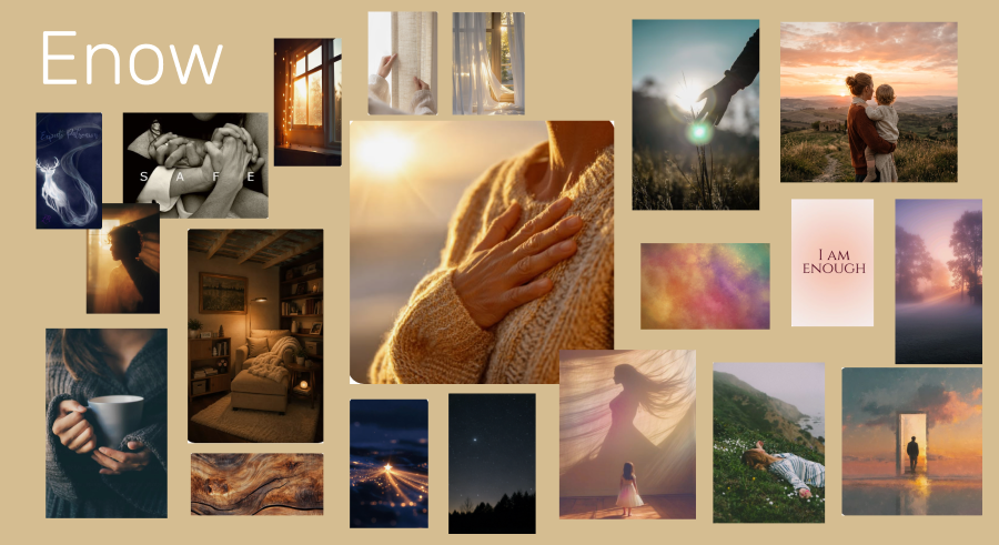 Enow mood board: warm, quiet imagery — soft light, hands, calm domestic moments, muted sunrise tones.