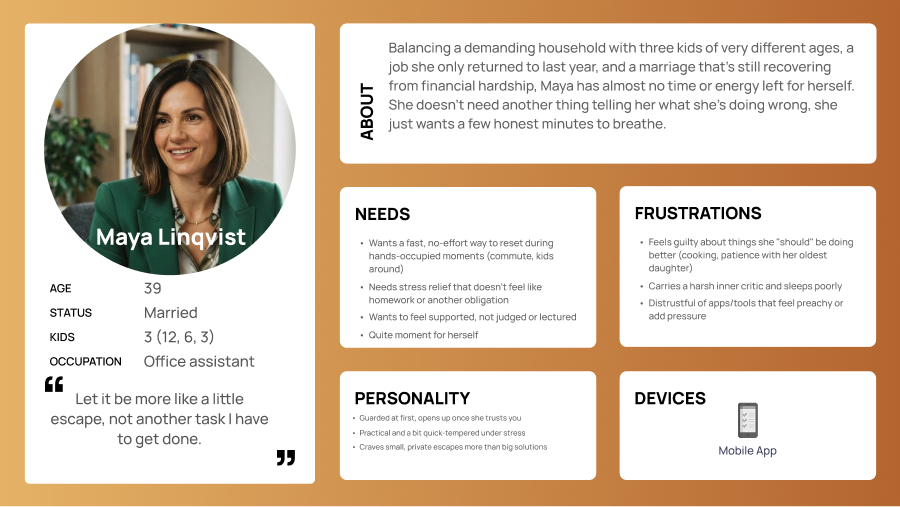 Persona card for Maya Linqvist, 39, office assistant: her needs, frustrations, personality, and devices.