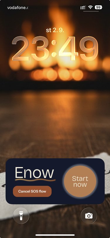 Enow's SOS-flow widget on a phone lock screen, with a Start now button