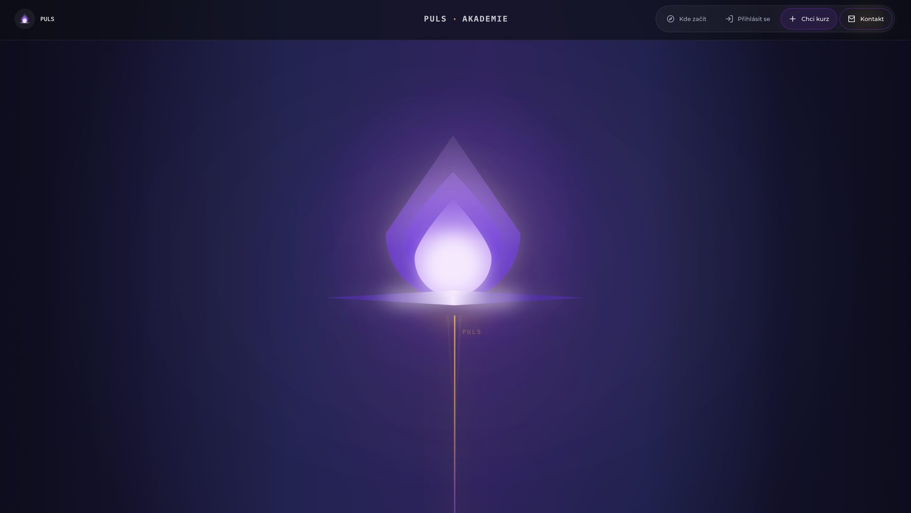 PULS Akademie landing page: a glowing purple flame logo on a dark gradient background