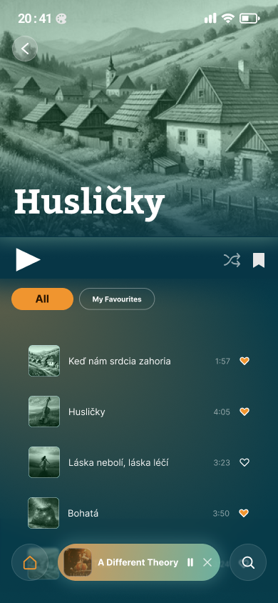 Redesigned Spotify artist page with heart icons replacing checkmarks and play counts removed.