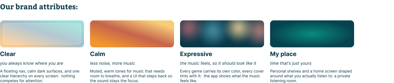 Four soft gradient swatches representing the app's core attributes: clear, calm, expressive, and personal.