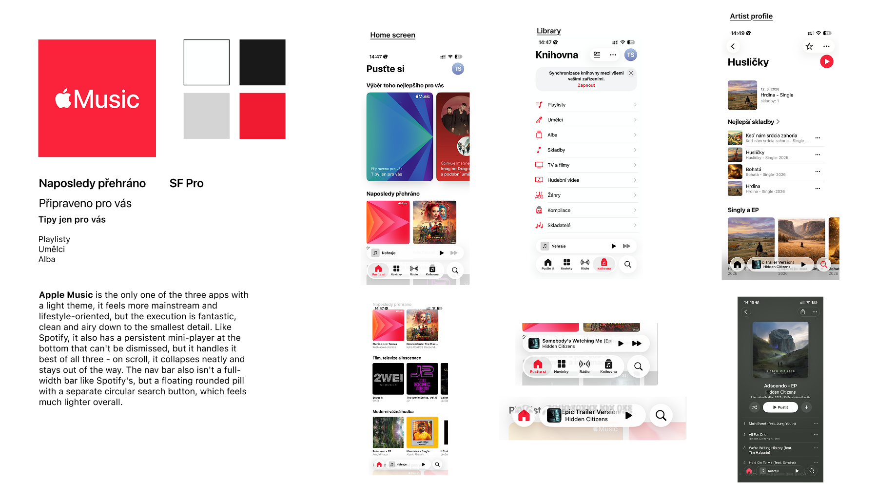 Competitive analysis of Apple Music: home screen, library, and mini-player, with notes on its light theme, collapsing mini-player, and pill-shaped navigation bar.