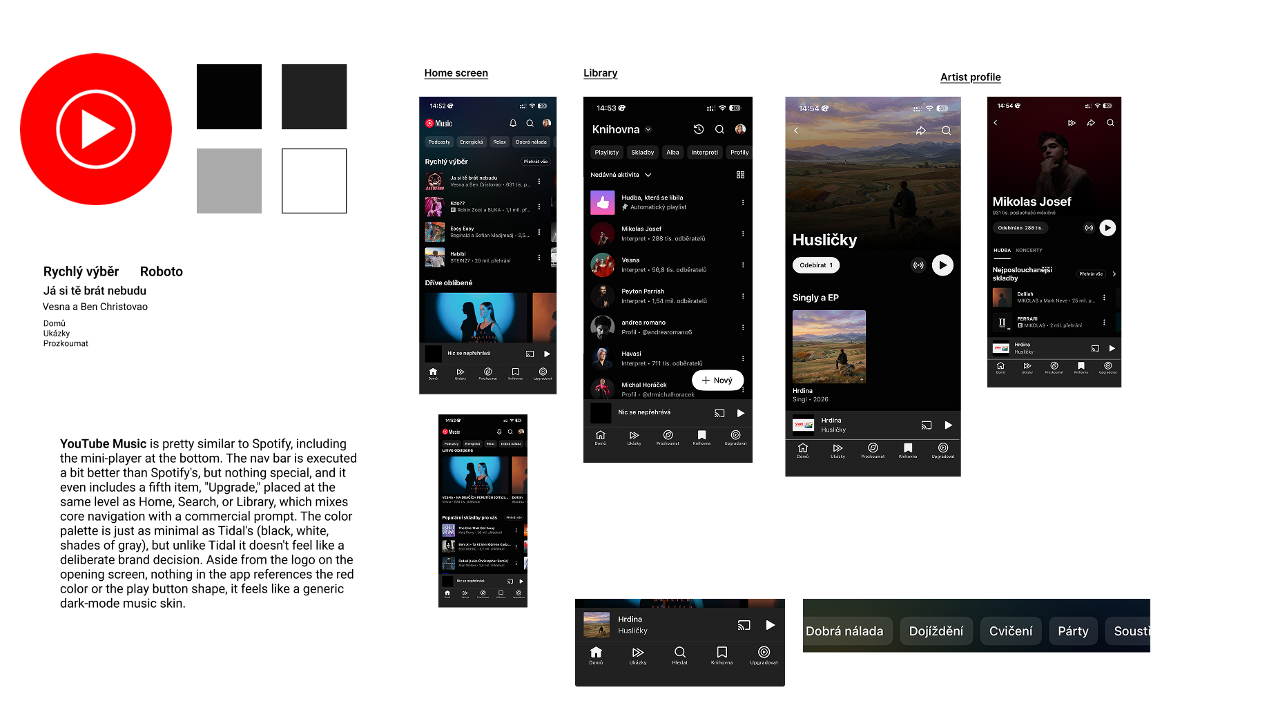 Competitive analysis of YouTube Music: home screen, library, and artist profile, with notes on its five-item navigation bar and generic dark-mode palette.