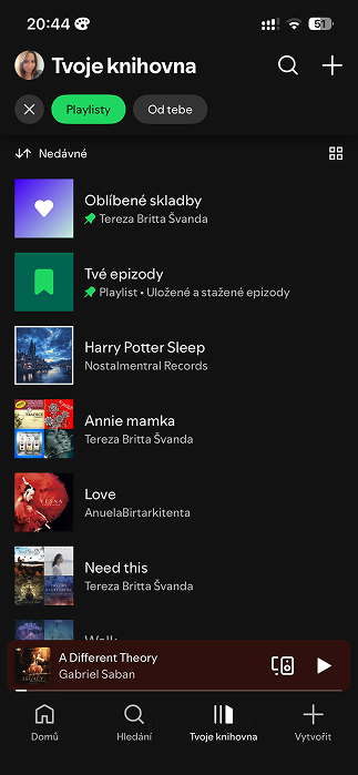 Spotify's library screen mixing playlists, saved episodes, and albums with nothing to tell them apart.