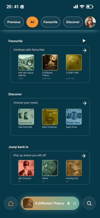 Redesigned Spotify home screen while scrolling, with the navigation bar collapsed to Home and Search icons and the mini-player merged into the middle of it.