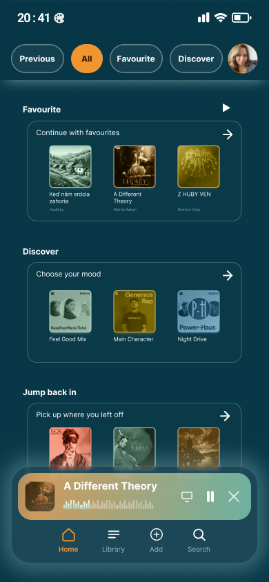 Redesigned Spotify home screen at rest, with the mini-player as a full-width bar above a complete Home, Library, Add, Search navigation bar.