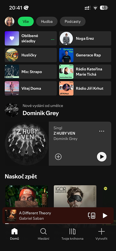 Original Spotify home screen with a mixed grid of playlists and artists, an artist spotlight card, and a Jump back in row.