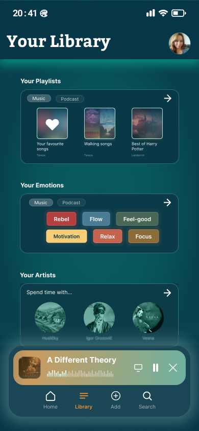 Redesigned Spotify library split into three sections: Your Playlists, Your Emotions with color-coded mood tags, and Your Artists.