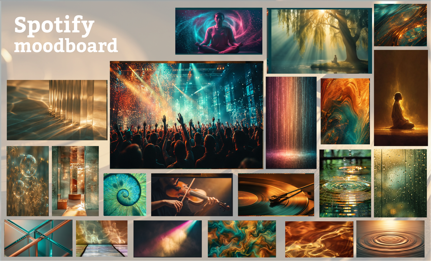 Spotify moodboard: warm and teal-toned reference images, concert crowds, candlelight, water ripples, and abstract color washes, used to shape the genre-to-color system.